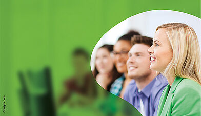 Group of attentive people, woman in front