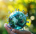 Rendering, Virus globe lying on a palm