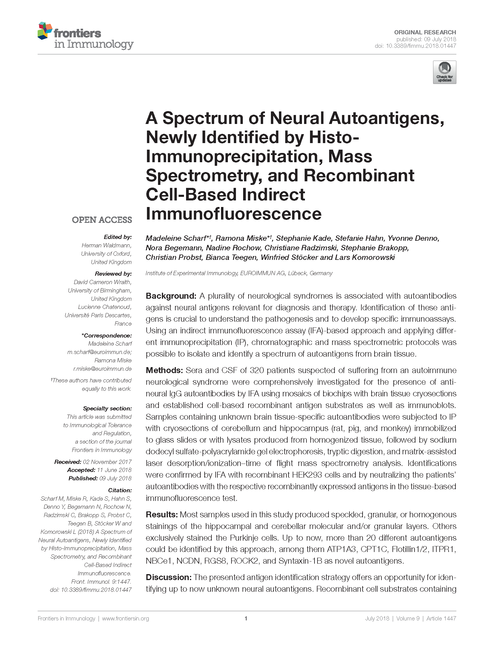 A spectrum of neural autoantigens, newly identified by histo-immunoprecipitation, mass spectrometry and recombinant cell-based indirect immunofluorescence